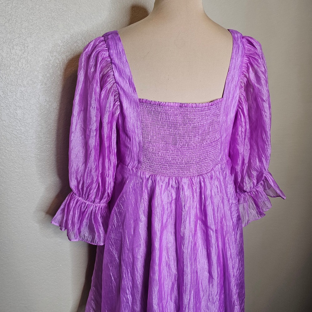 Buddy Love Betsy Babydoll Mini Dress Orchid Purple Puff Sleeve Smocked Large - Picture 5 of 9